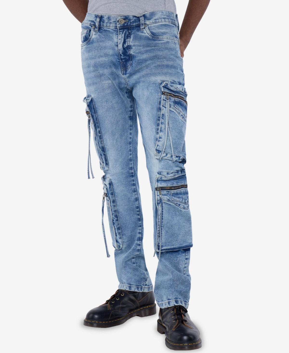 Men's All Over Zipper Cargo Pocket Straight Fit Fashion Jeans - Medium blue