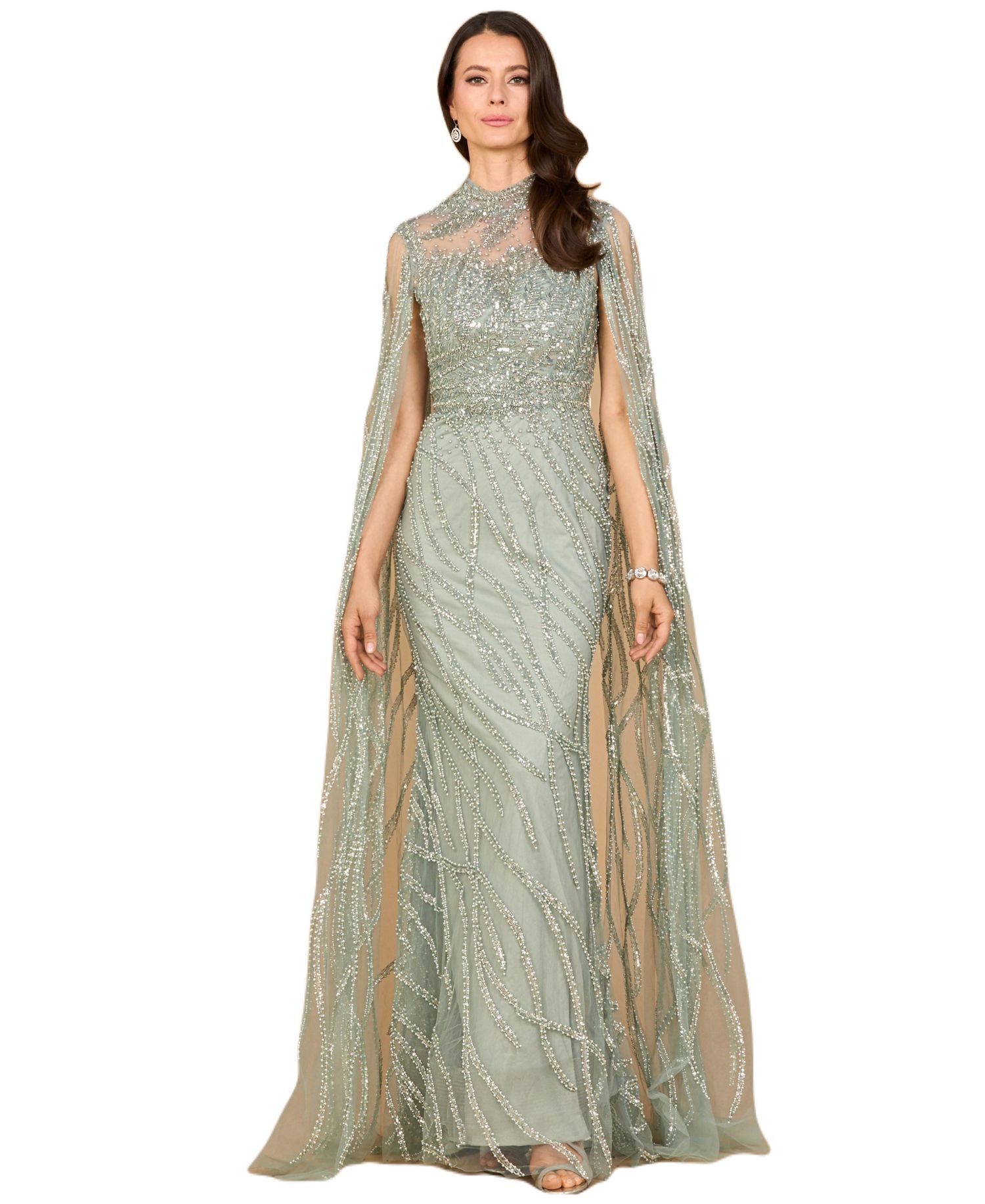 Women's High Neck Gown with Long Cape Sleeves