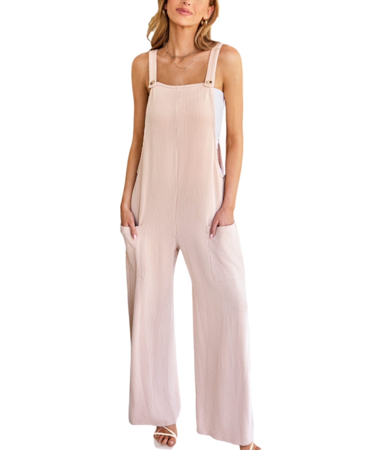 Women's Wide-Leg Knit Overalls - Light beige