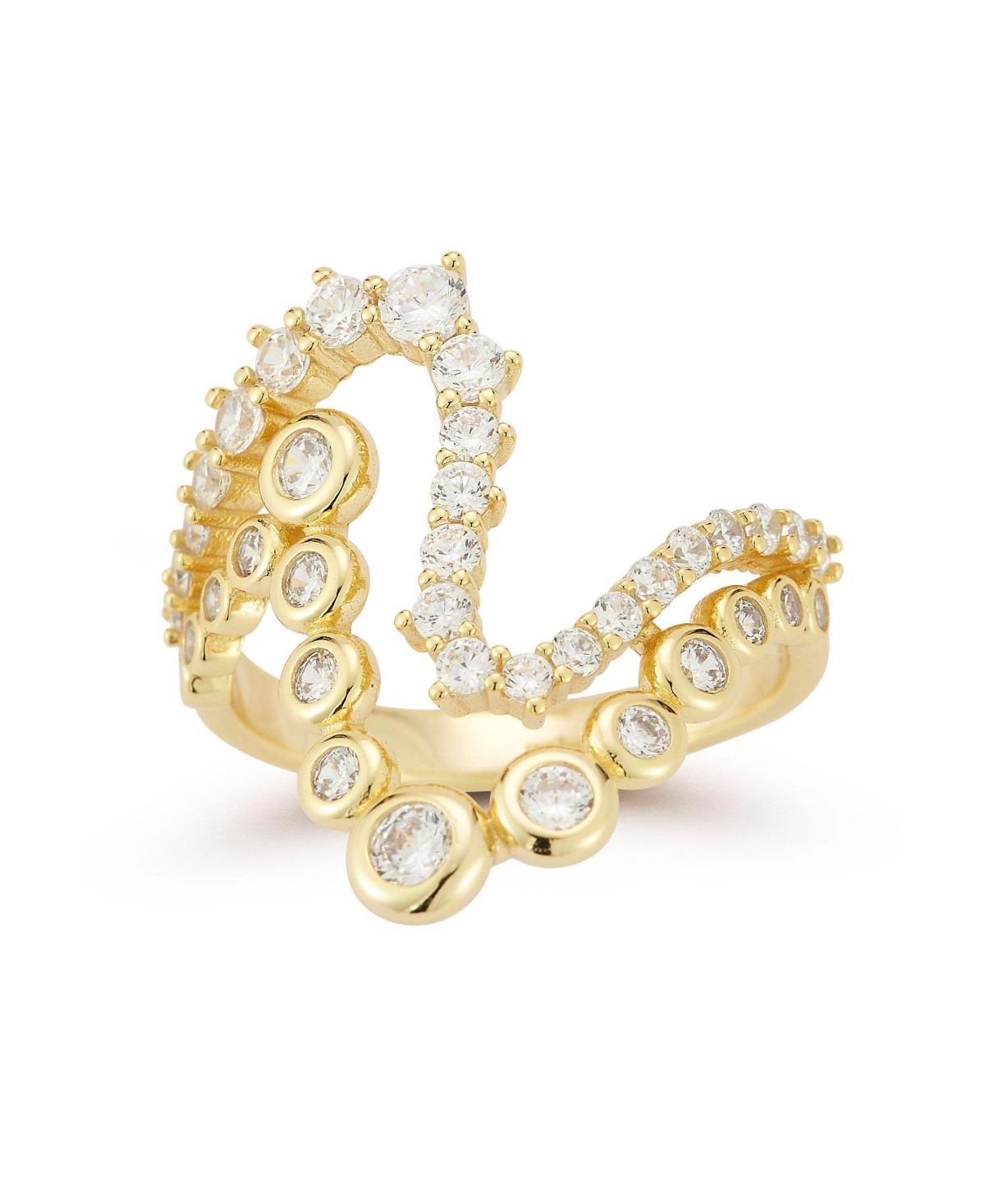 14K Gold Plated Sterling Silver Pave Wave Band Ring - Gold