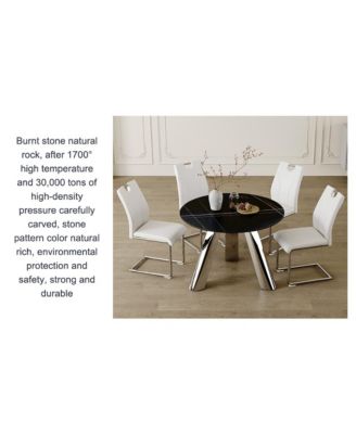 Streamdale Round Stainless Steel Table and 4 White Dining Chairs with Silver Metal Legs