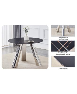 Streamdale Round Stainless Steel Table and 4 White Dining Chairs with Silver Metal Legs