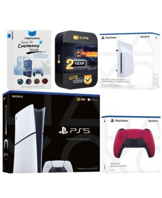 PlayStation 5 Slim Digital Bundle with Disc Drive, Extra Controller, MightySkins Code and 2 Year Extended Warranty - Volcanic Red