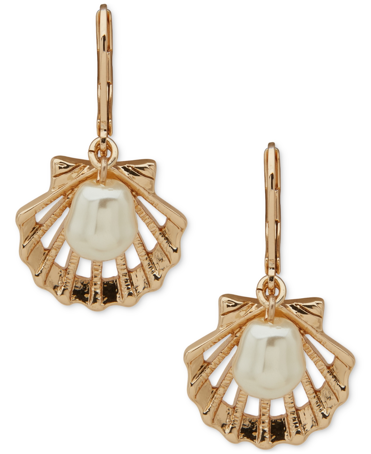 Gold-Tone Imitation Pearl Shell-Motif Drop Earrings - Pearl