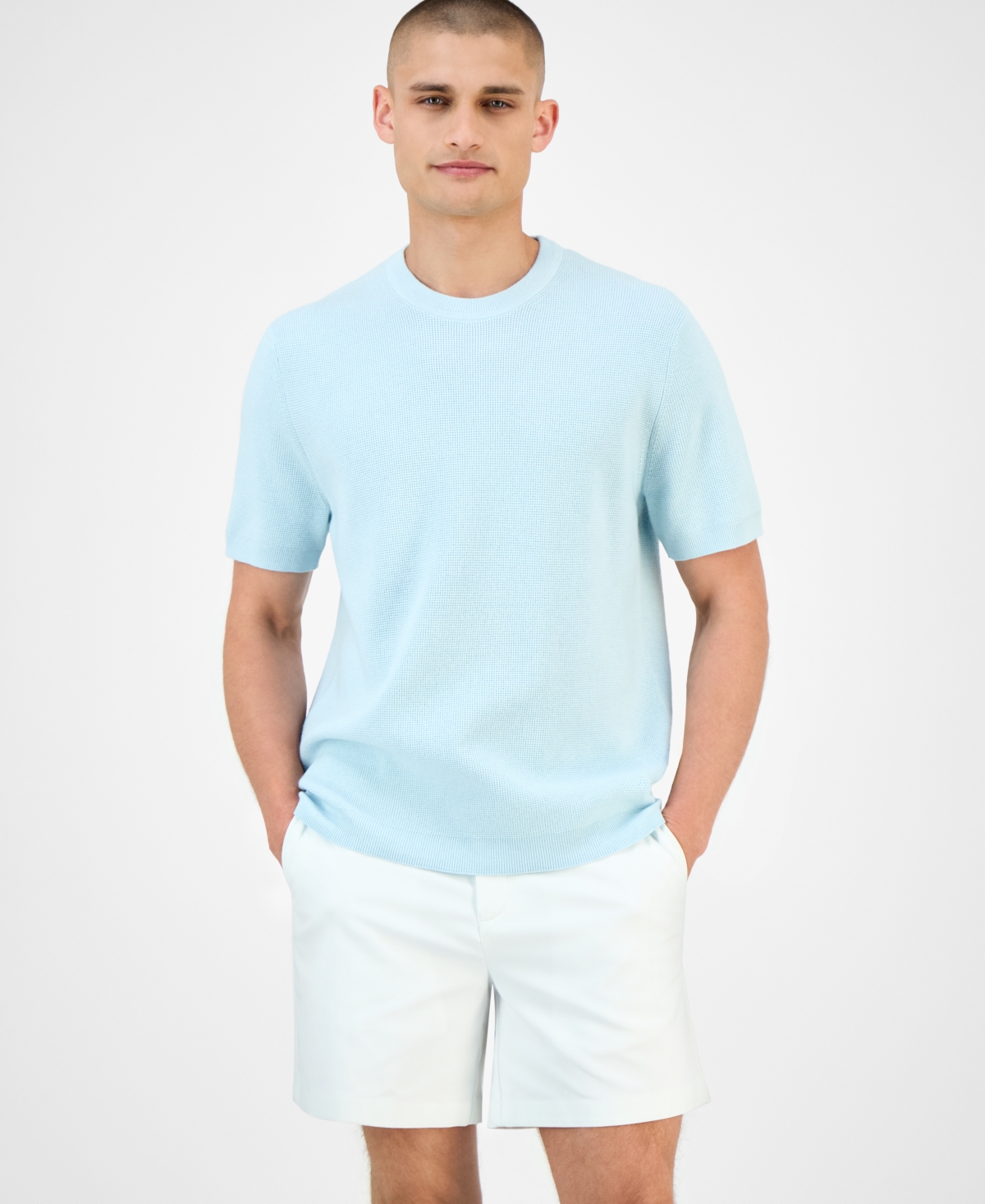 Alfani Men's Short Sleeve Waffle Knit Sweater, Exclusively at Macy's - Light Mist