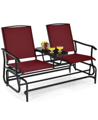 2-Person Double Rocking Loveseat with Mesh Fabric and Center Tempered Glass Table