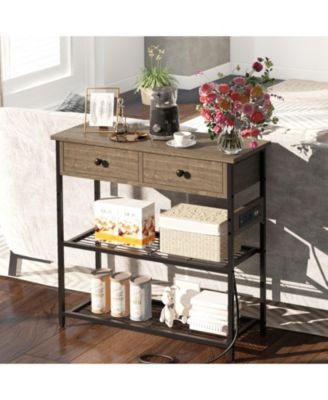 Narrow Console Table with 2 Drawers and 2 Metal Mesh Shelves