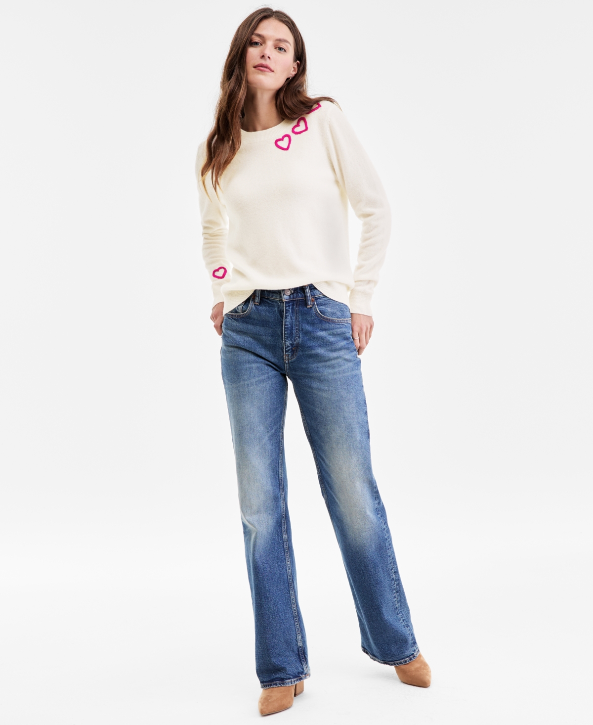 Charter Club Women's 100% Cashmere Embroidered Heart Sweater, Macy's Exclusive In White