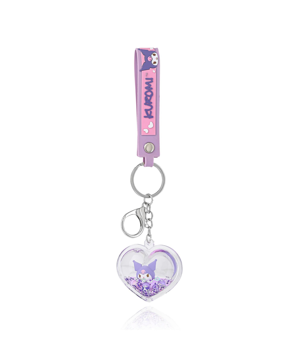 Kuromi Heart Keychain with Purple Strap and Floating Charm - Purple, white, clear, silver
