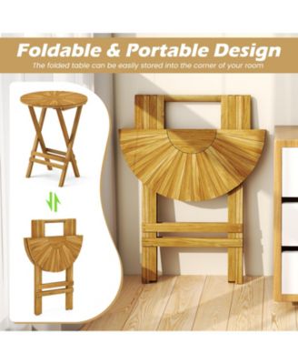 Patio Folding Side Table Teak Wood Round End Table with Slatted Tabletop and X-Shaped Frame