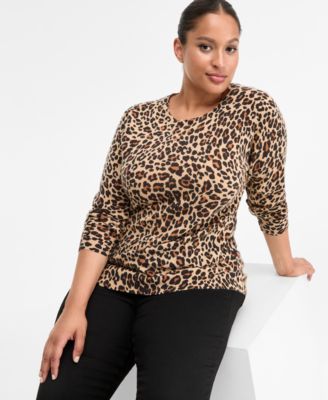 Charter Club - Plus Size 100% Cashmere Animal-Print Crewneck Sweater