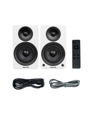 Ai41 Powered 5" Stereo Bookshelf Speakers (White), DB10 10" Powered Subwoofer (Walnut), 15ft RCA Subwoofer Cable