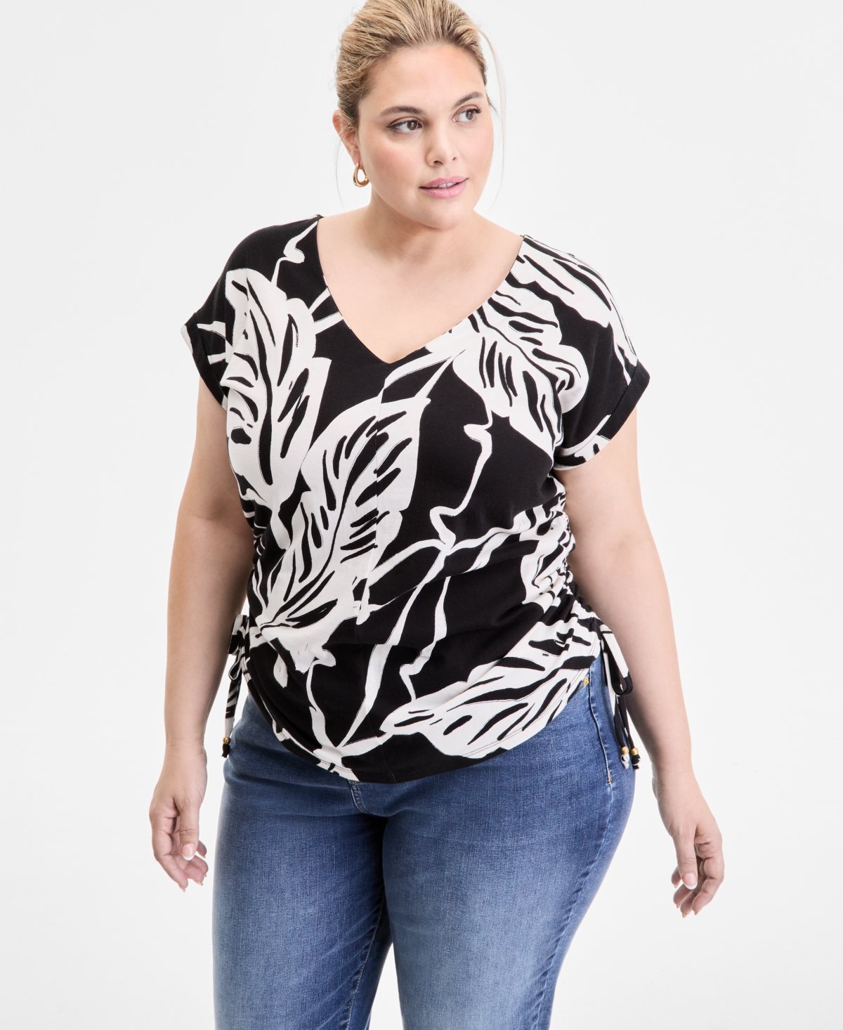 Plus Size Printed Adjustable-Side-Tie Top, Exclusively at Macy's - Sora Leaf