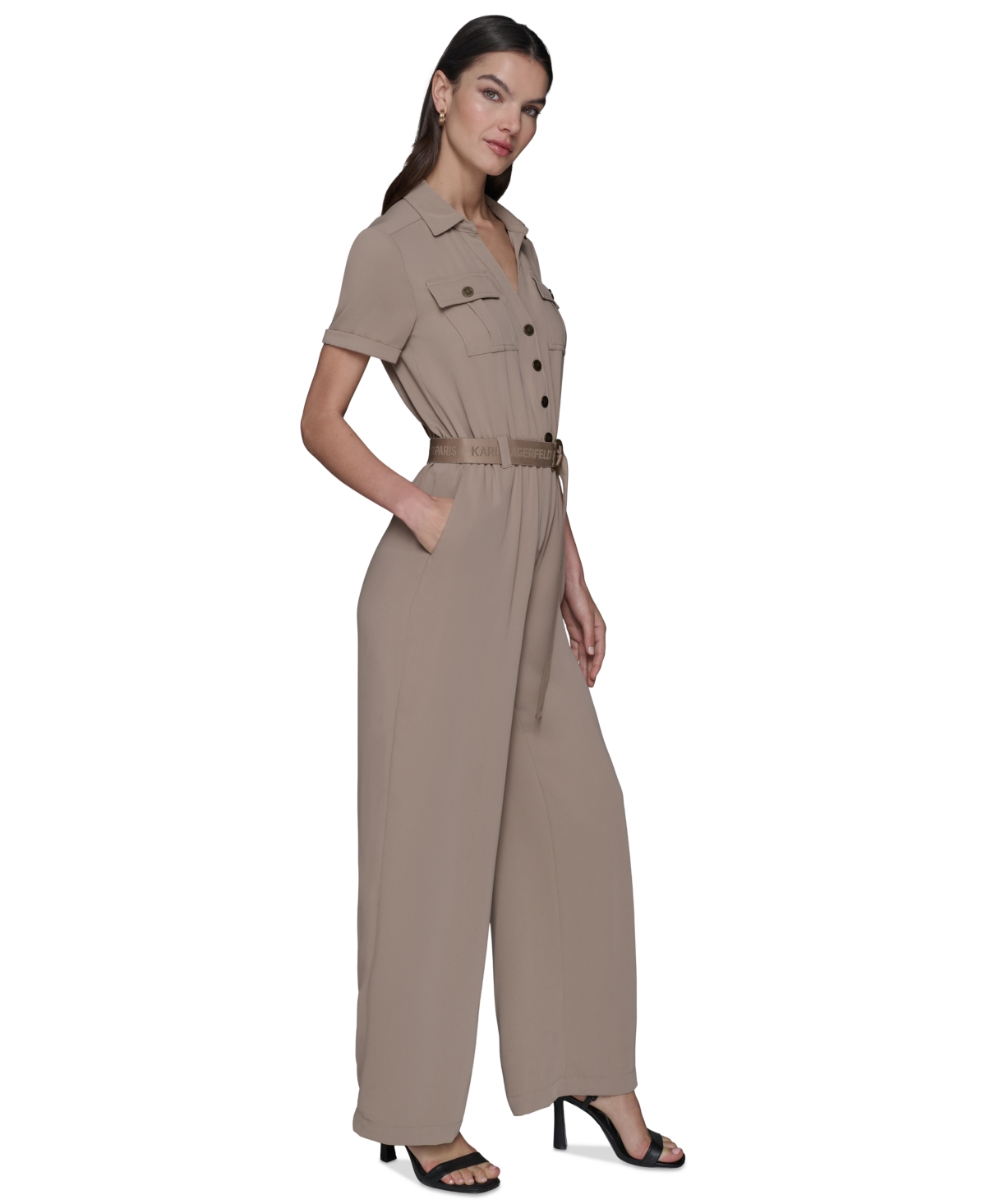 Karl Lagerfeld Women's Button-down Belted Jumpsuit In Neutral