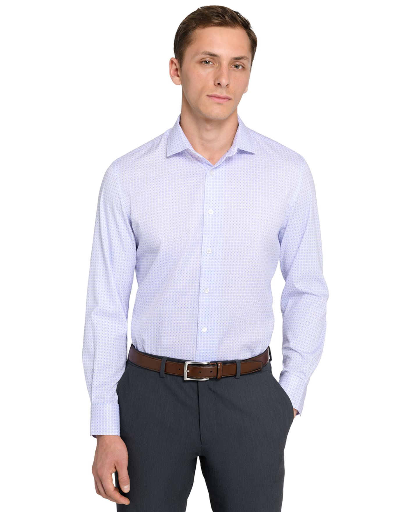 Мужская рубашка MICHELSONS OF LONDON Men Checkered Print Hybrid Slim Fit Easy Care Long Sleeve, цвет: Белый фиолетовый — фото 1