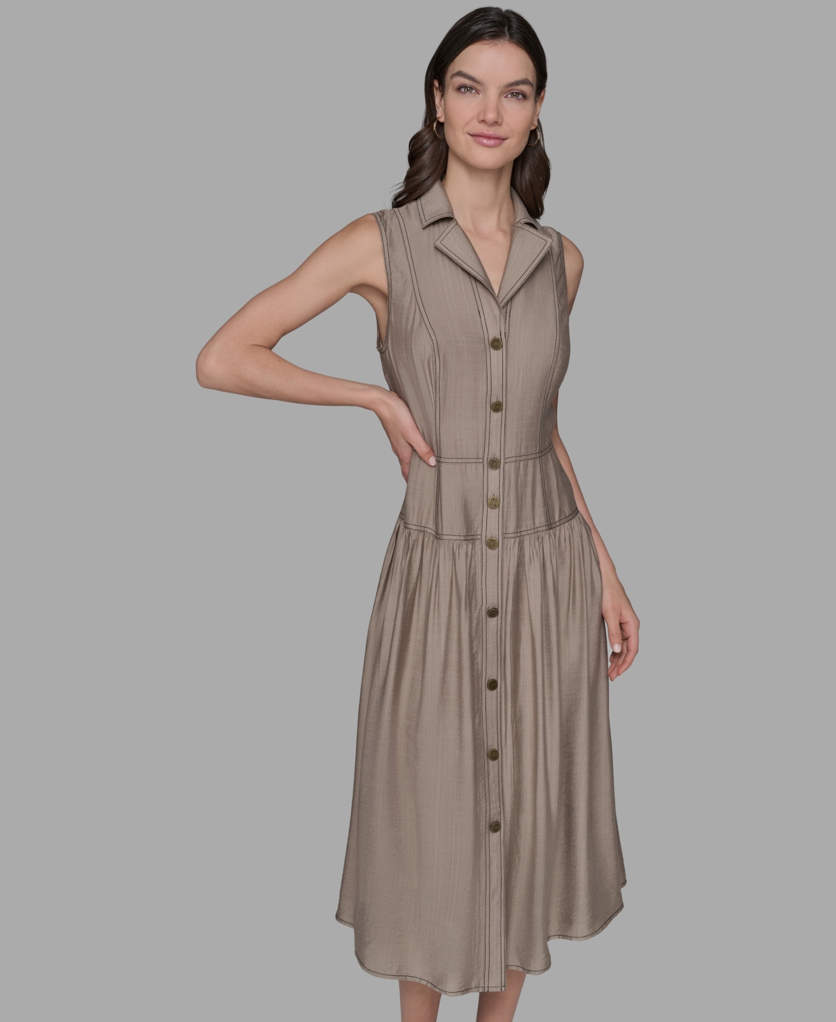 Karl Lagerfeld Petite Notched Collar Sleeveless Midi Shirtdress In Brown