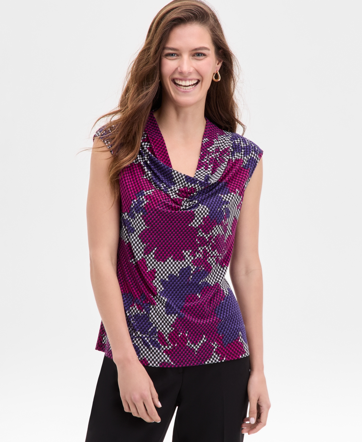 Women's Floral Houndstooth Cowlneck Blouse - Vanilla Ice Multi