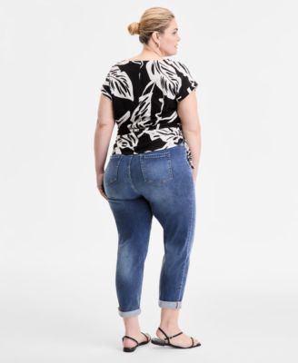Inc International Concepts Plus Size Printed Side Tie V Neck Top Slim Tech Rolled Cuff Boyfriend Jeans Exclusively At Macys In Black
