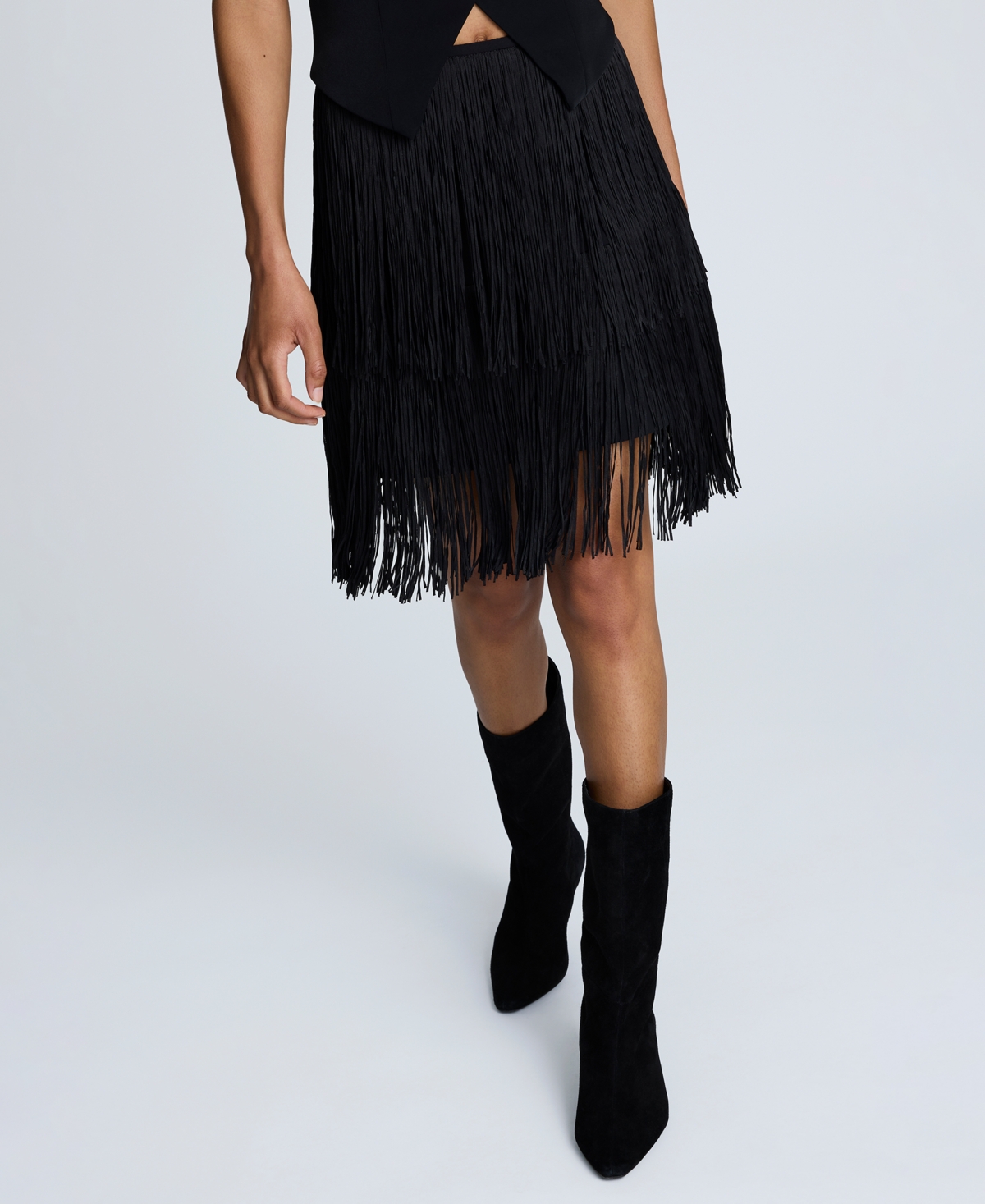 Women's Tiered Fringe Back-Zip Skirt - Black