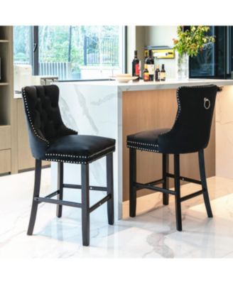 Contemporary Tufted Velvet Barstools with Wooden Legs (Black), Set of 2