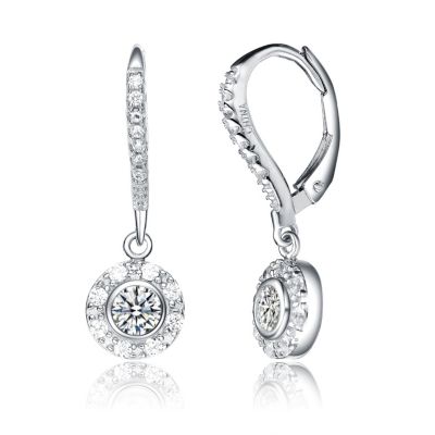 Sterling Silver White Gold Plating with Clear Cubic Zirconia Round Drop Earrings