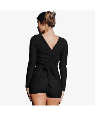 Women's Avery 2-Piece Long Sleeve Wrap Swim Set With Reversible Top and Tummy Control Shorts