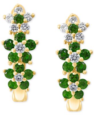 Emerald (1/3 ct. t.w.) & Diamond (1/8 ct. t.w.) Extra-Small Hoop Earrings in 14k Yellow Gold, 0.15" 