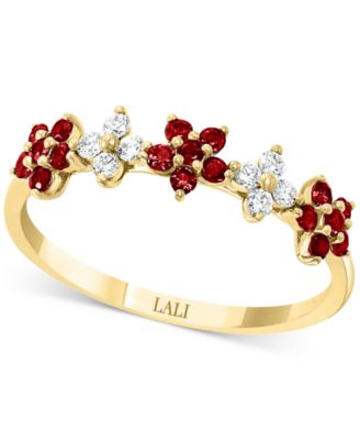 LALI Jewels - Emerald (1/3 ct. t.w.) & Diamond (1/6 ct. t.w.) Five Flower Ring in 14k Gold (Also in Ruby & Sapphire)