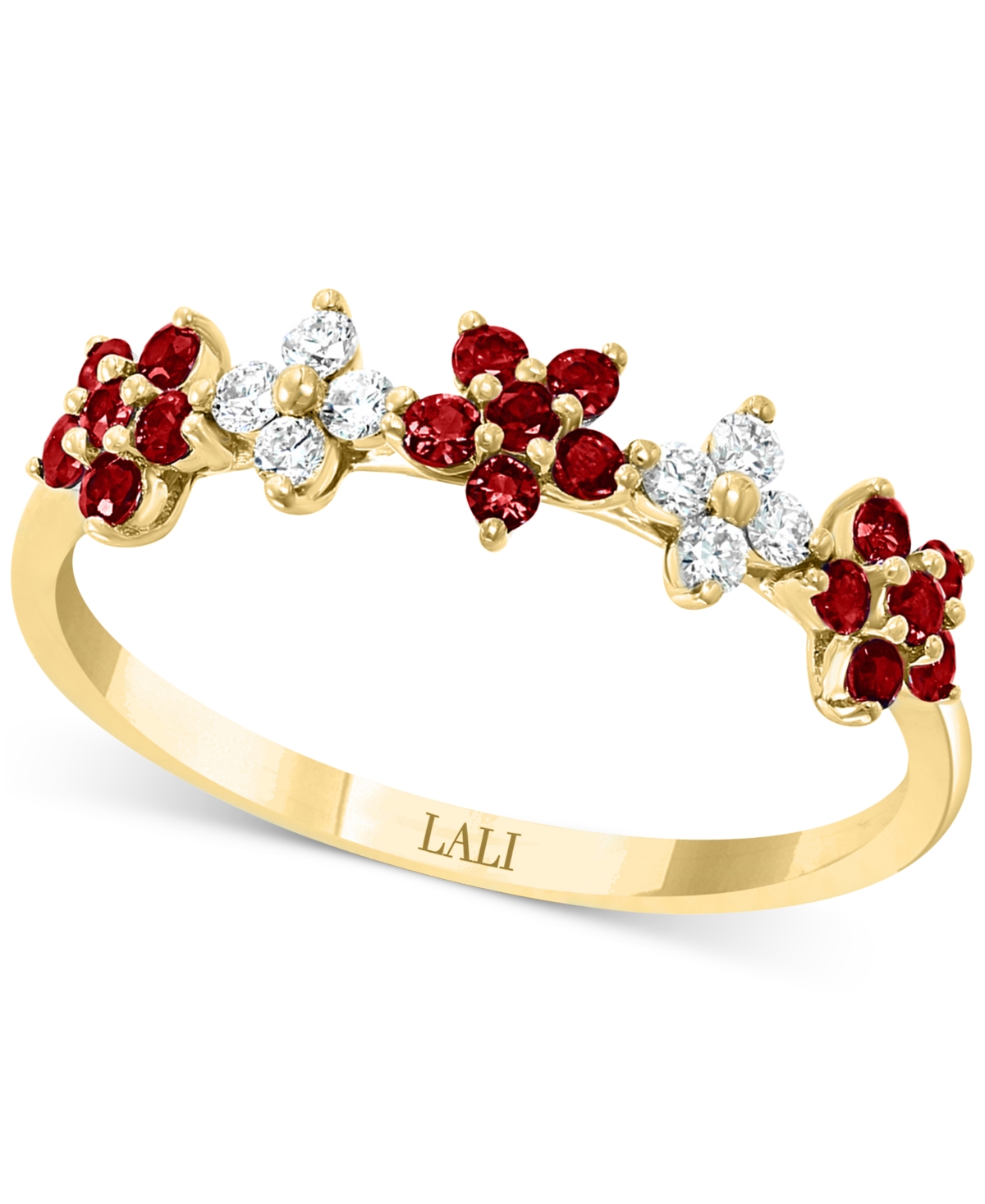 Ruby (3/8 ct. t.w.) & Diamond (1/6 ct. t.w.) Five Flower Ring in 14k Gold (Also in White Gold) - Gold Ruby