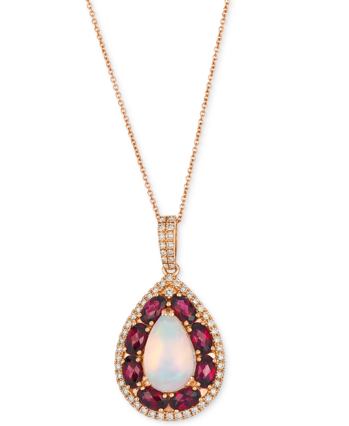 Opal (1-1/2 ct. t.w.), Rhodolite (2-2/5 ct. t.w.) & Nude Diamond (1/2 ct. t.w.) Teardrop Pendant 20" Necklace in 14k Strawberry Gold - Rose Go