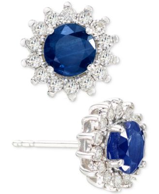 EFFY&reg; Sapphire (1-1/6 ct. t.w.) & Diamond (1/6 ct. t.w.) Halo Stud Earrings in 14k White Gold or Two Tone Gold (Also available in Ruby, & Emerald)
