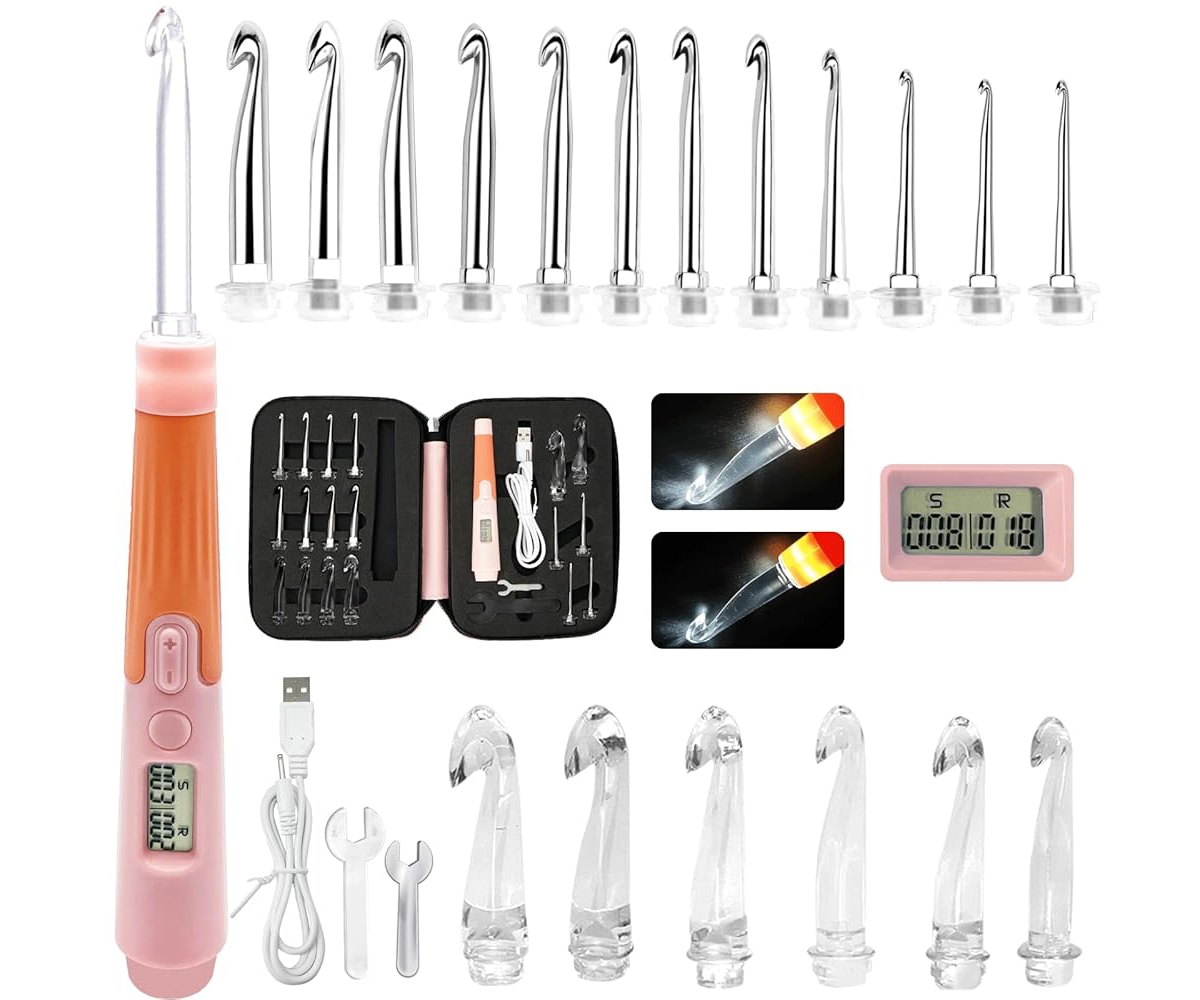 Rechargeable Lighted Crochet Hook Set with Stitch Counter, 18 Interchangeable Metal Heads, Ergonomic Handle &#x2013; Gift for Knitters&#xFF0C;