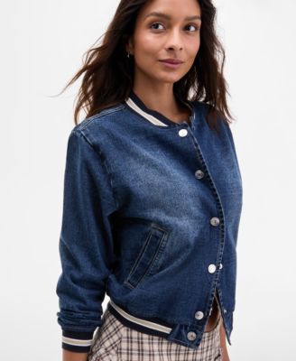 Juniors' Denim Varsity Bomber Jacket 