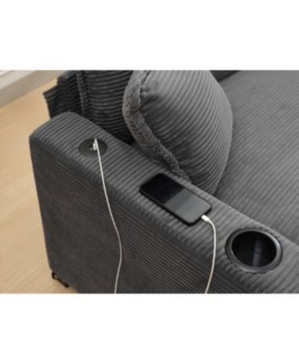 Streamdale L Shape Corduroy Sofa w/ USB, Cup Holder & Footstool - Gray