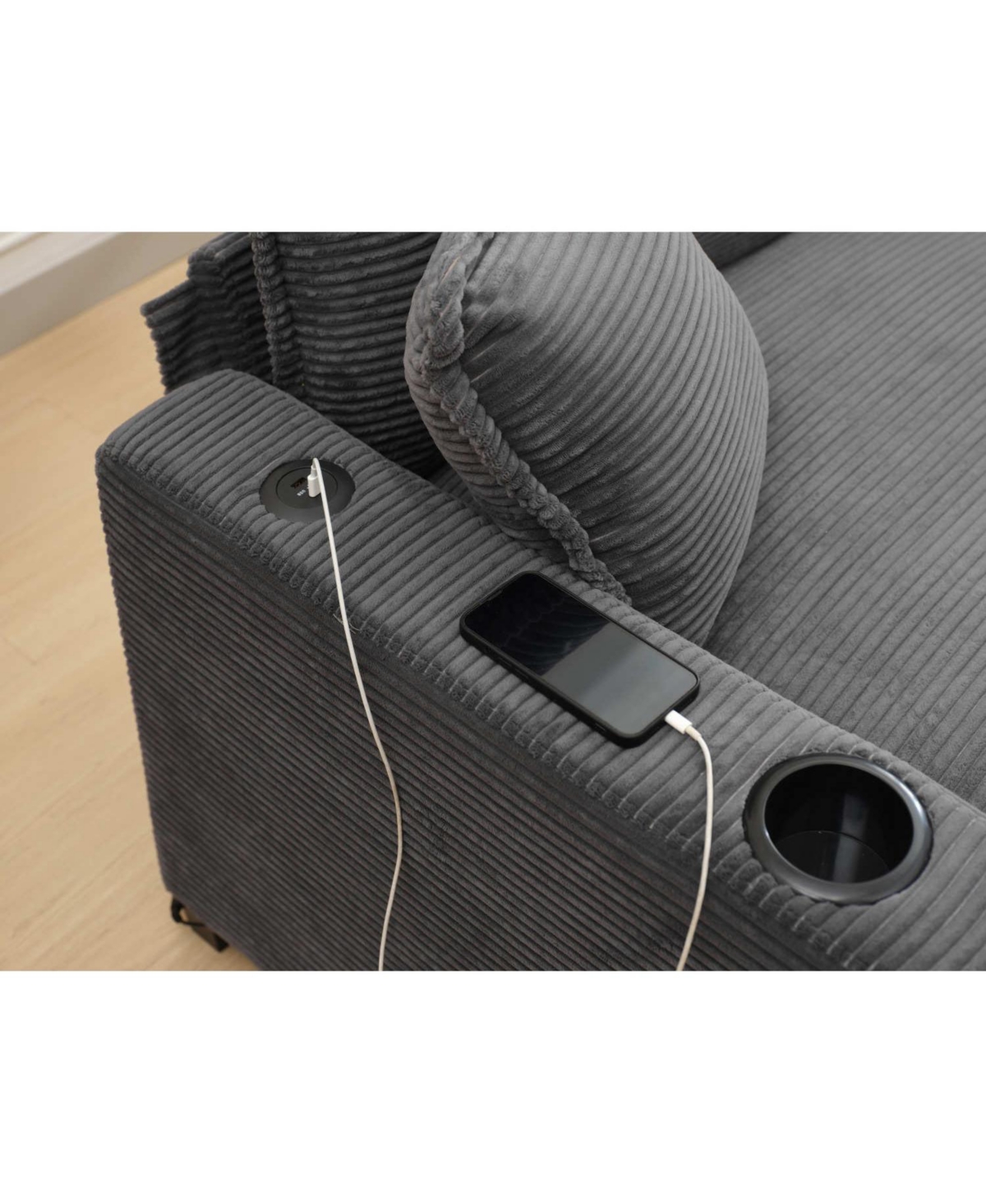 Streamdale L Shape Corduroy Sofa w/ Usb, Cup Holder & Footstool - Gray