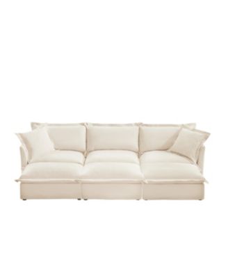 Cream Chenille 3-Seat Sofa with Ottomans & Sleeper