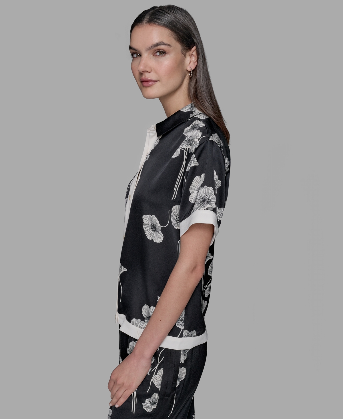 Karl Lagerfeld Petite Floral Print Satin Button-front Shirt In Black
