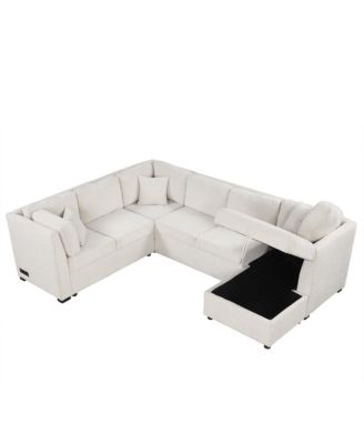 108" U-Shaped Sectional Sofa Bed with Storage Chaise, USB Ports & Power Sockets