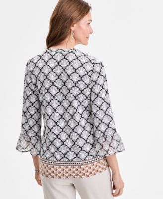 売れ筋商品|||ジェイエムコレクション カットソー トップス レディース Women's Printed Split-Neck Banded Bottom Top, Exclusively at Macy's Deep Black Combo ジェイエムコレクション レディース カットソー トップス