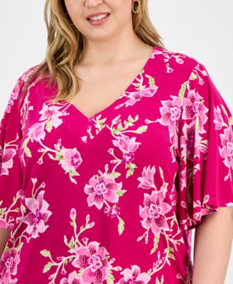 Plus Size Printed  Flared-Sleeve V-Neck Top