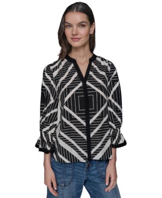 KARL LAGERFELD PARIS - Women's Geo-Print 3/4-Sleeve Woven Top