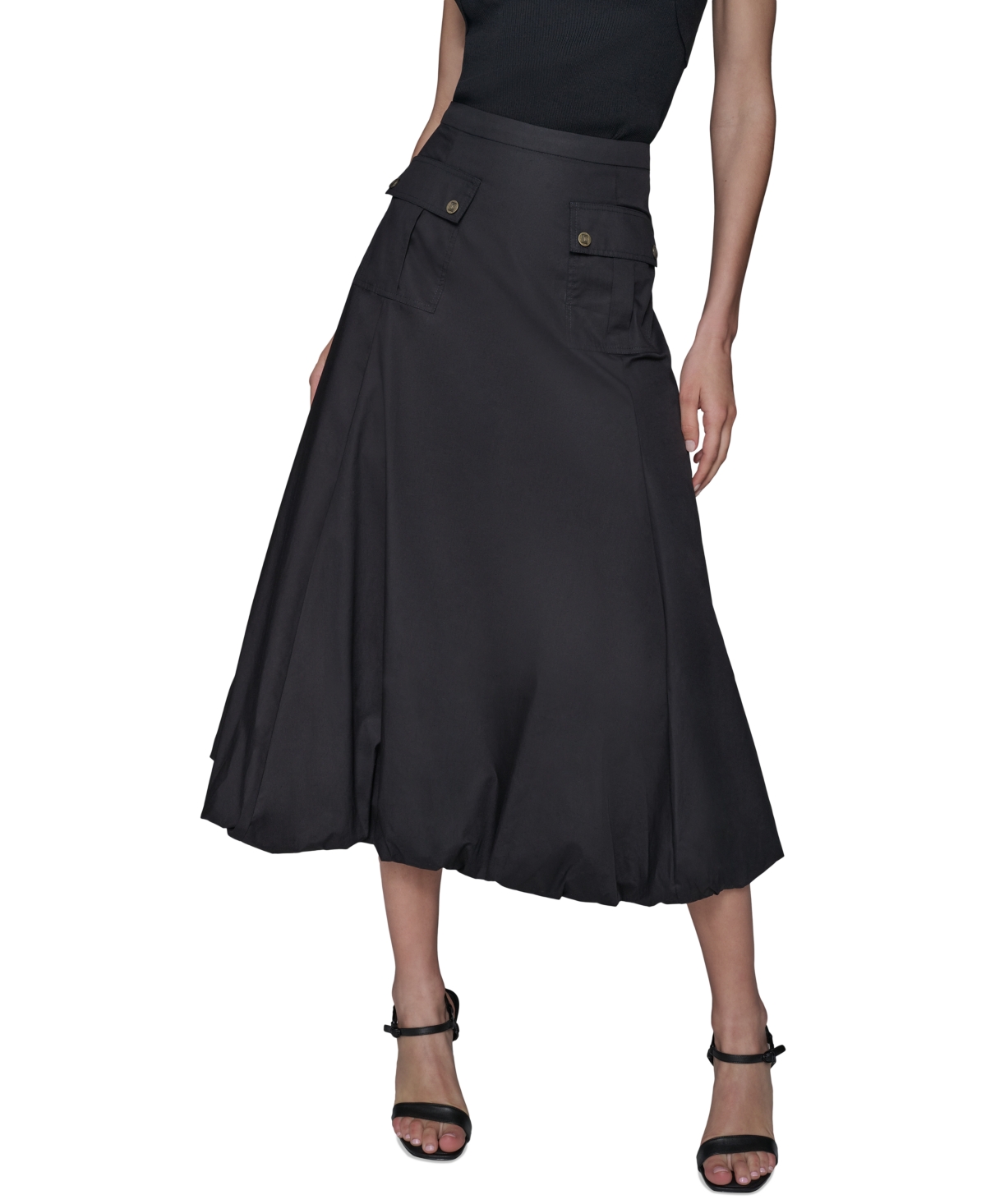 Women's Pocket-Front Cotton Midi Bubble Skirt - Black