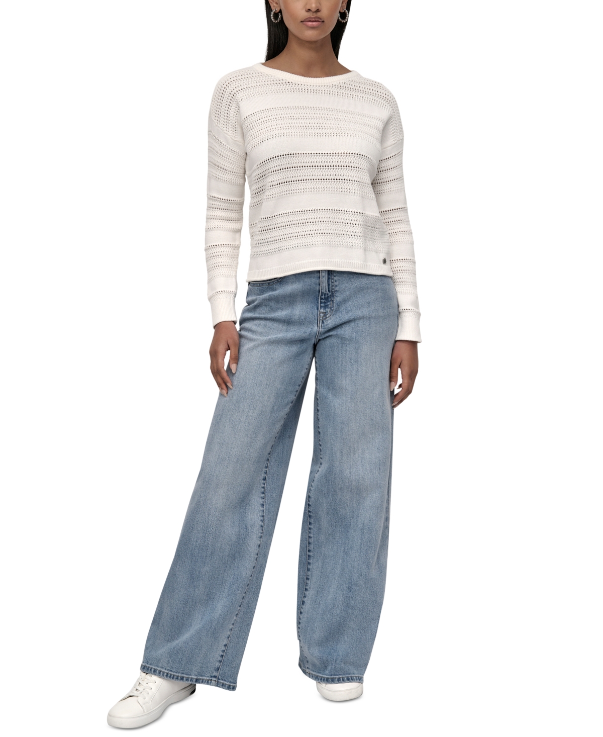Petite Crewneck Open-Stitch Cotton Sweater - Ivory
