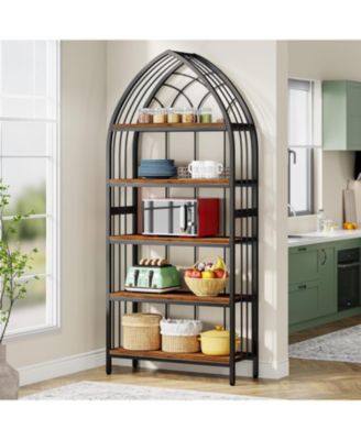 Tall Bookshelf, Industrial Curved Freestanding Display Shelf, Wood Storage Shelves with Metal Frame for Living Room