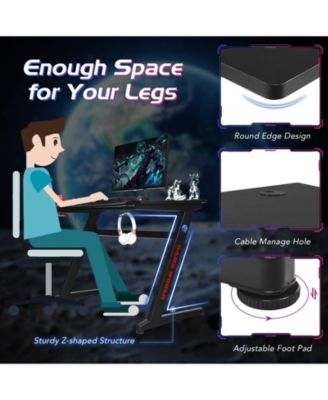45.5 Gaming Desk, Z Shaped Racing Game Table with Carbon Fiber Surface, Mouse Mat, Headphone Hook, Cup Holder, Game Handle Rack, Ergonomic Home Office Computer Table Gamer Workstation