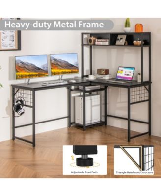 L-shaped Desk with Power Outlet Hutch