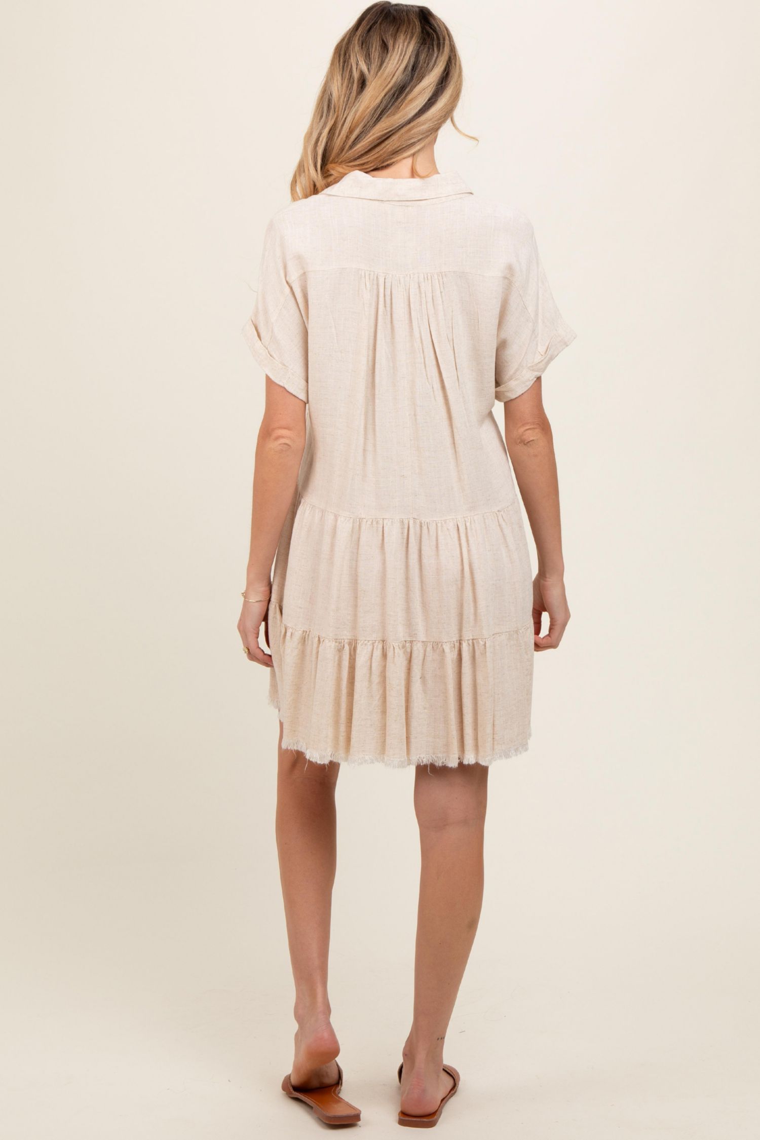 Women's Cream Tiered Linen Dress