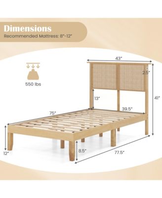 Twin Size Bed Frame w/ Rattan Headboard 10 Solid Wood Legs & 12 Wooden Slats