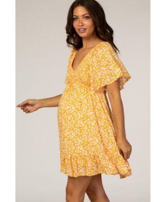 Maternity Yellow Floral Smocked Ruffle Dress