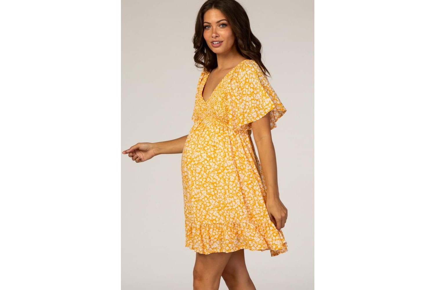 Women's Yellow Floral Smocked Ruffle Dress